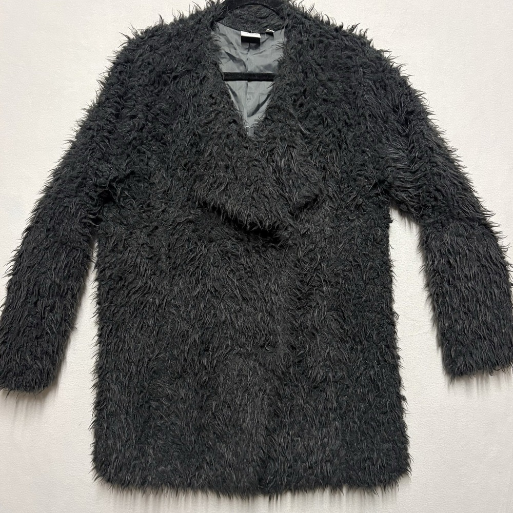 Long Shaggy Faux Fur Jacket Dark Gray Womens Size M New Directions Poodle Coat
